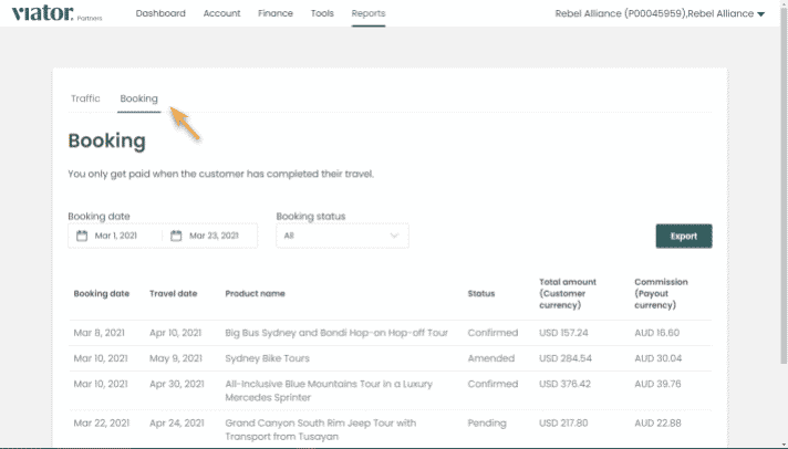 booking report tab