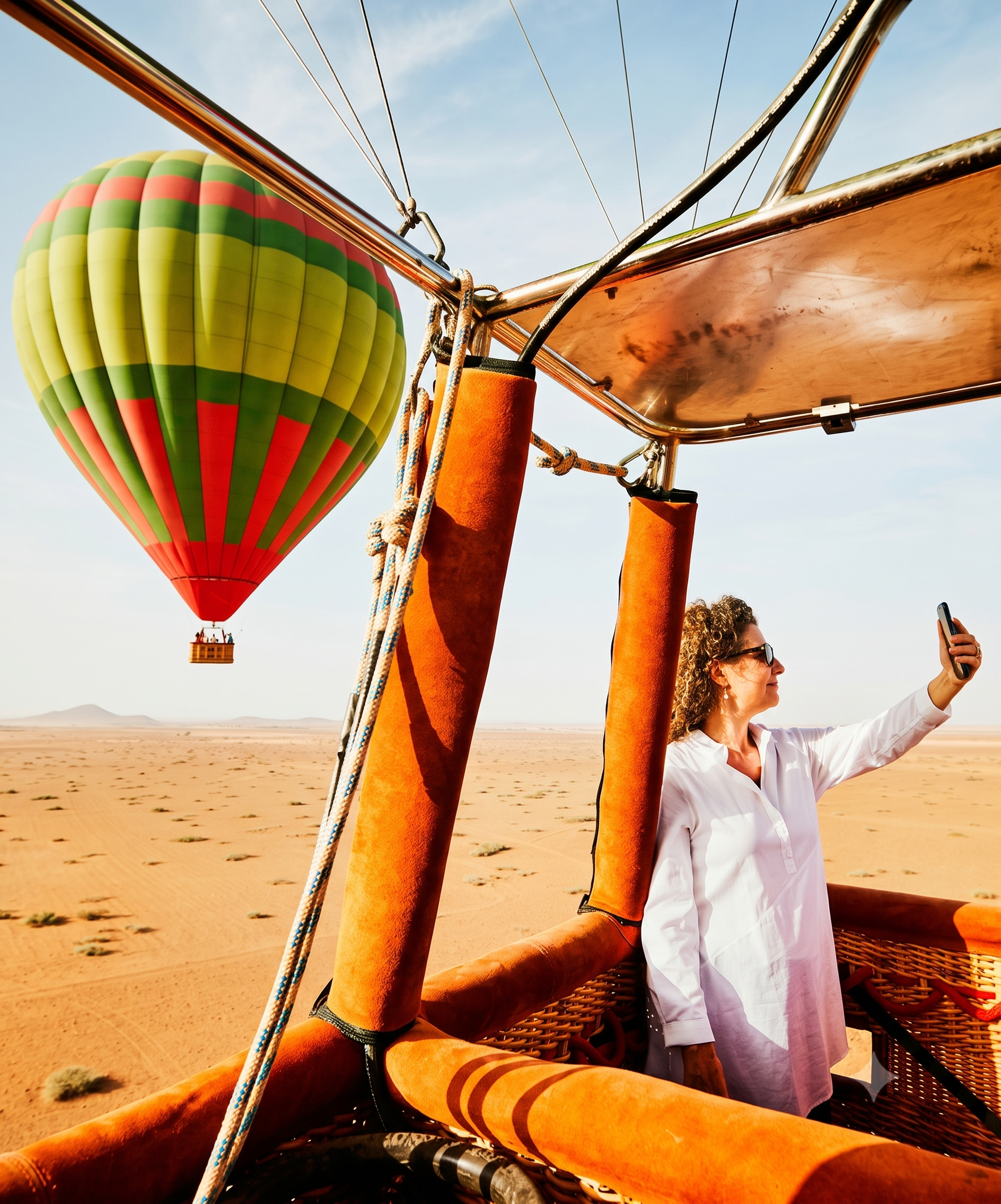 Traveler taking a selfie from a hot air balloon basket over the desert at sunrise, with a second balloon in flight nearby
